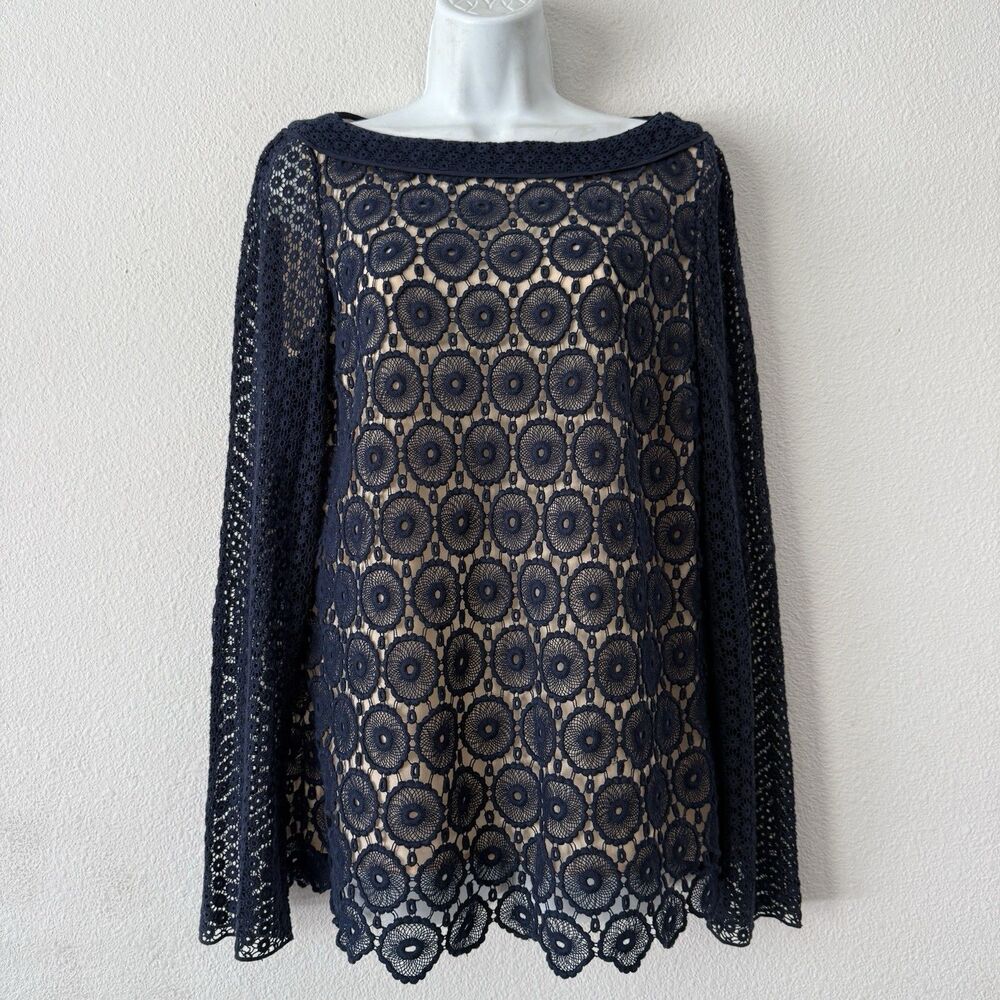 Tory Burch Janeen Crochet Lace Blouse Navy Blue Eyelet Sheer Top Size 8